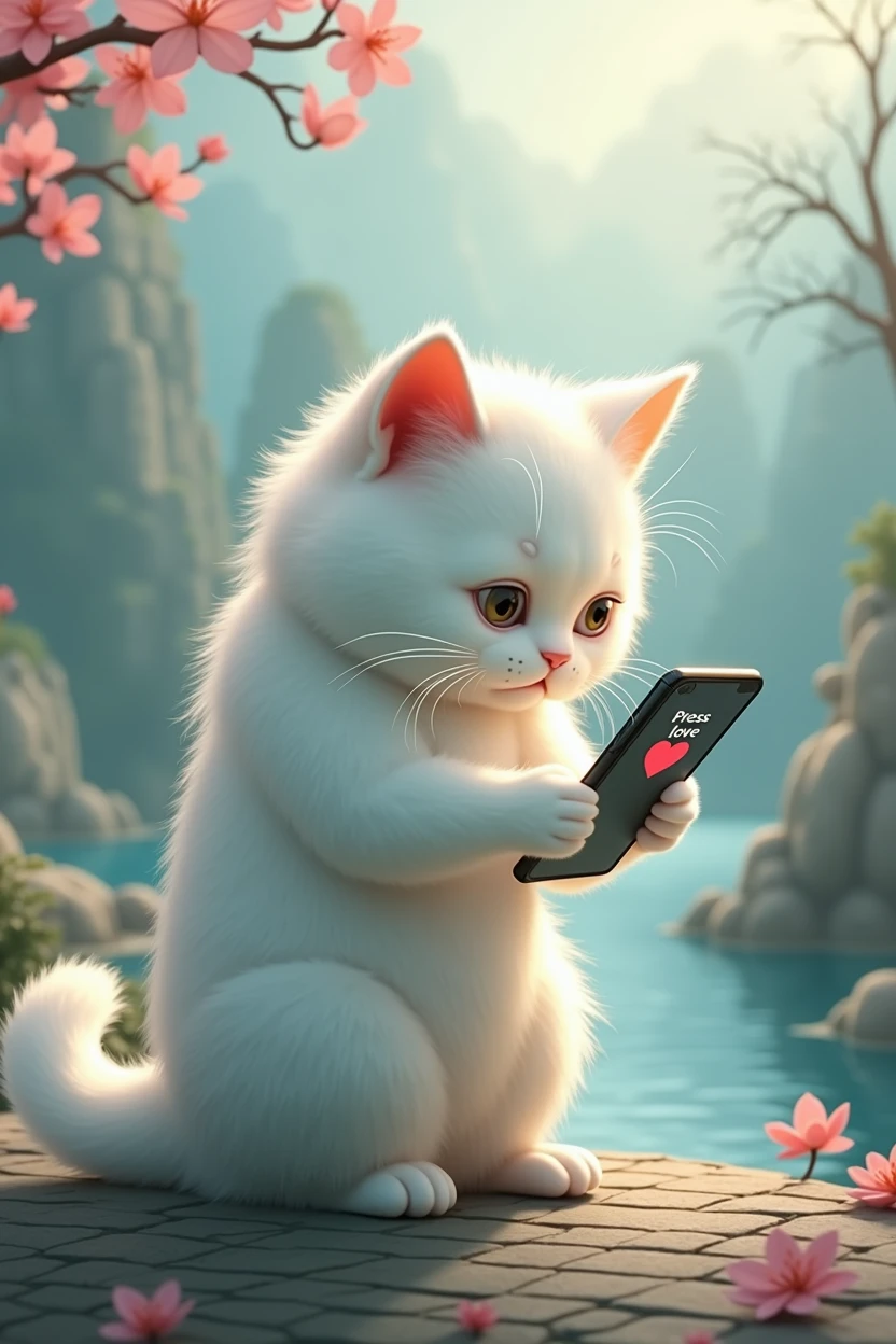A white cat who loves to show off her presence,sad expression,Cat holding mobile phone,拿著Press love on mobile phone,Press love on mobile phone,background chinese style,Background with magnet blocks