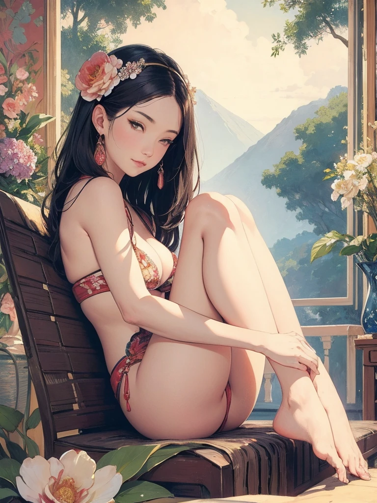 Detailed Background,Art Deco,Beautiful landscape painting,Botanical Art,Flower Art,(Floral:1.2), (masterpiece, Highest quality),Vibrant colors,colorful, Highest quality, Amazing details, Anatomically correct, Line art, Written boundary depth,Flat Shading,Bokeh, woman、s old、Black Hair、 whole body、Showing 、 Sit with your legs apart:1.5、Showing pussy、sexy、Passionate、Stretch your legs、(Thighs)、(Small breasts)、Slim style、(barefoot)、 Mucha style、Ukiyo-e style、Looking up at the camera、Browsing Caution