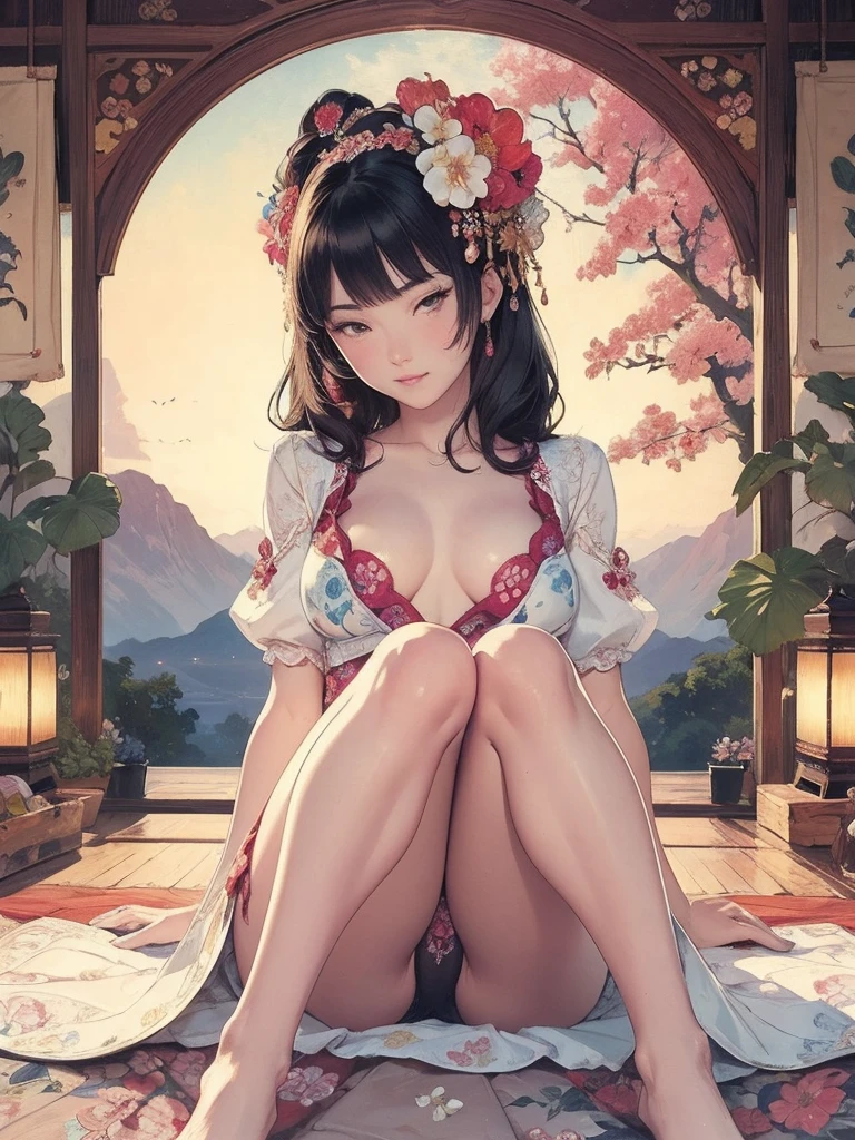 Detailed Background,Art Deco,Beautiful landscape painting,Botanical Art,Flower Art,(Floral:1.2), (masterpiece, Highest quality),Vibrant colors,colorful, Highest quality, Amazing details, Anatomically correct, Line art, Written boundary depth,Flat Shading,Bokeh, woman、、Black Hair、 whole body、Showing 、 Sit with your legs apart:1.5、Showing pu、sexy、PassStretch your legs、(Thighs)、(Small breasts)、Slim style、(b)、 Mucha style、Ukiyo-e style、Looking up at the camera、Browsing Caution