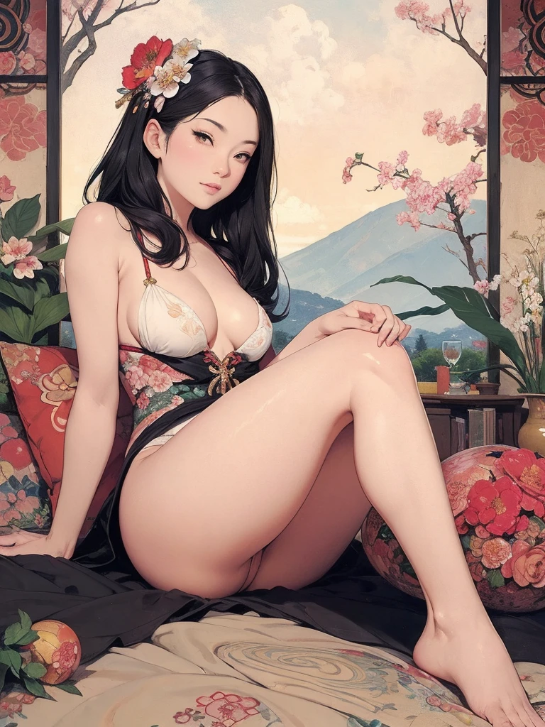 Detailed Background,Art Deco,Beautiful landscape painting,Botanical Art,Flower Art,(Floral:1.2), (masterpiece, Highest quality),Vibrant colors,colorful, Highest quality, Amazing details, Anatomically correct, Line art, Written boundary depth,Flat Shading,Bokeh, woman、、Black Hair、 whole body、Showing 、 Sit with your legs apart:1.5、Showing pussy、sexy、Passionate、Stretch your legs、(Thighs)、(Small breasts)、Slim style、(barefoot)、 Mucha style、Ukiyo-e style、Looking up at the camera、Browsing Caution