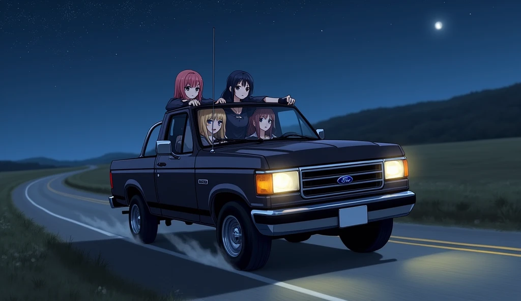 Three anime girls wearing black modern attire, riding in a ford ranger pickup on a rural highway at night