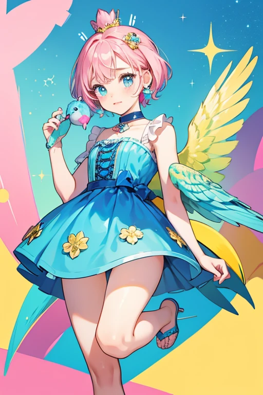 Bobble is a blue girl budgie with a yellow head, a pale pink beak and feet, and darker pink wings and cheeks. SPARKLE; GLITTER