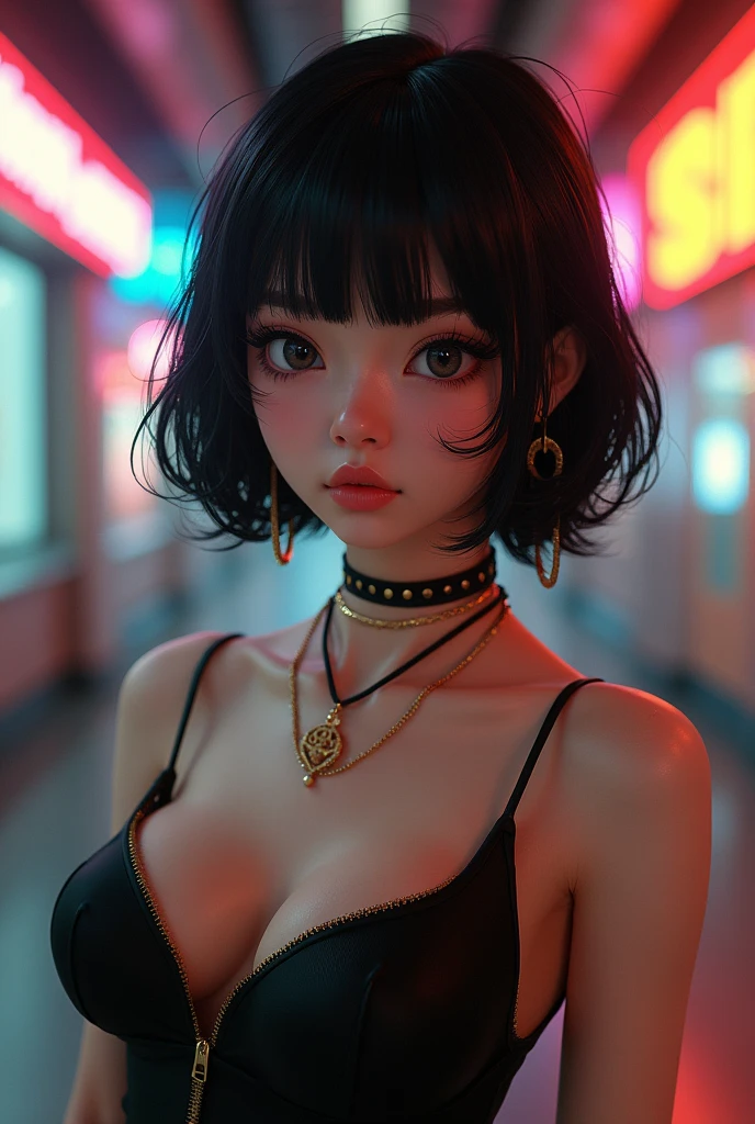 ((RAW Photo), absurd, (absurdresolution)), masterpiece, best quality, (Extremely detailed 8k unity CG wallpaper), (best illustration), (best shadow), Realistic lighting, beautiful detailed glow, ((31 years old)), short black hair, big tits, ,boyish accessories, (((Photographic Perspective of her)))