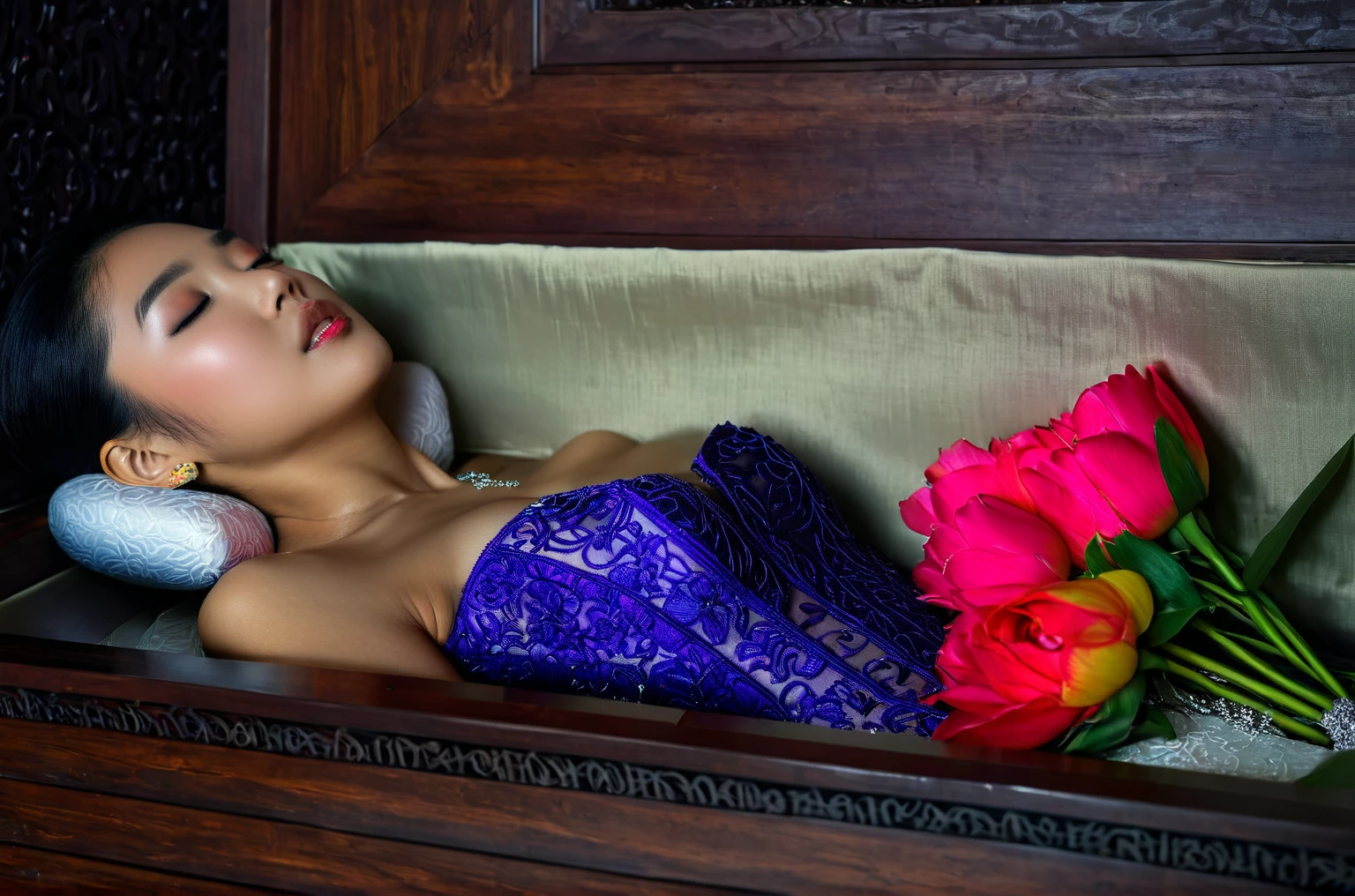 In a striking 8K HDR scene, a stunning Korean woman, 22 years old, lies peacefully in a coffin and coffin cover surrounded by plush pillows behind head. The deep box is set against a rich black background, accentuating the beauty of the subject. Her exquisite deep-V neckline kebaya attire is embroidered with superb detail, showcasing her round and firm breasts, perfect cleavage, and beautiful eyebrows. Her closed eyes and mouth give an air of serenity, while her visible and absolute cleavage leave nothing to imagination. The scene is bathed in saturated colors, highlighting every intricate aspect from the ball skirt to her clean face, straight body, detailed hand perfect hands, straight body, own hands together, own hand on stomach, detailed hands, perfect hands, holding the flowers, wearing high heels