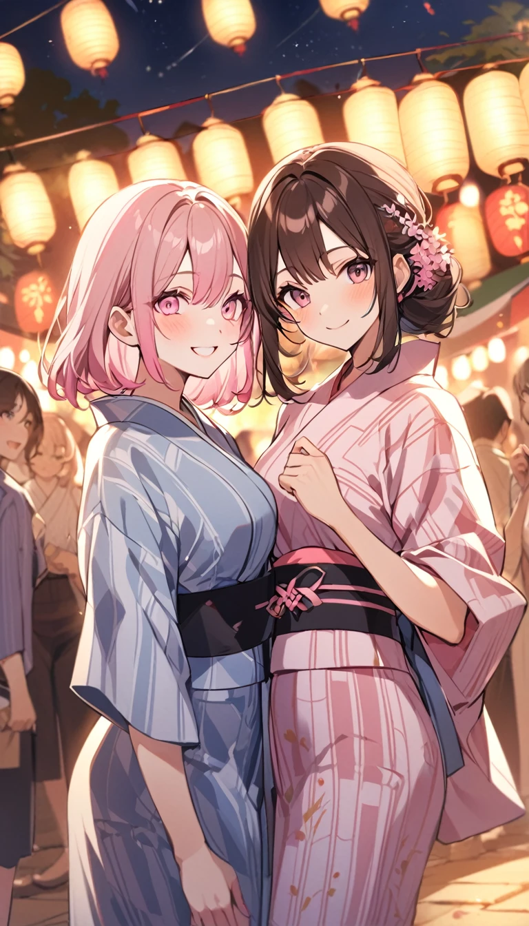 good looking, , 2 women, Medium Hair, Dark brown hair, Pink highlights on the tip, Pale pink eyes,Smile Facial,yukata,night,festival,smile,looks fun