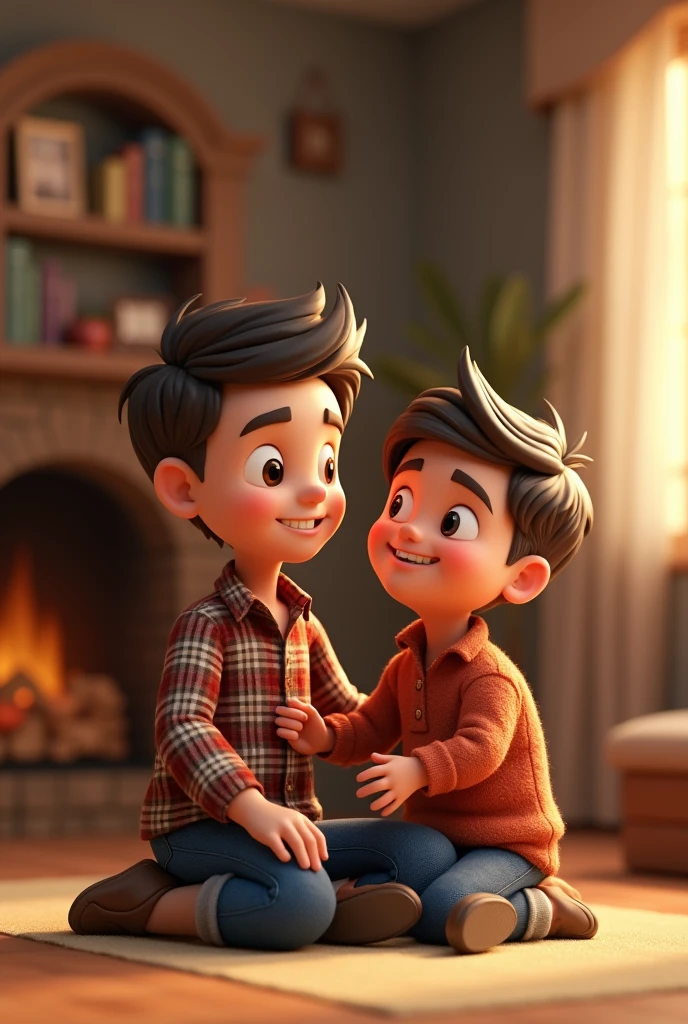 3D cartoon image of father and son sitting in plaid shirt
