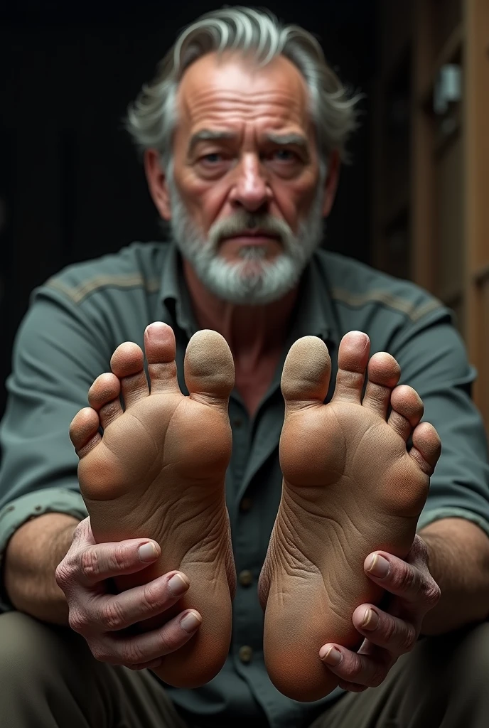 Create an image of a 55 year old man showing his feet