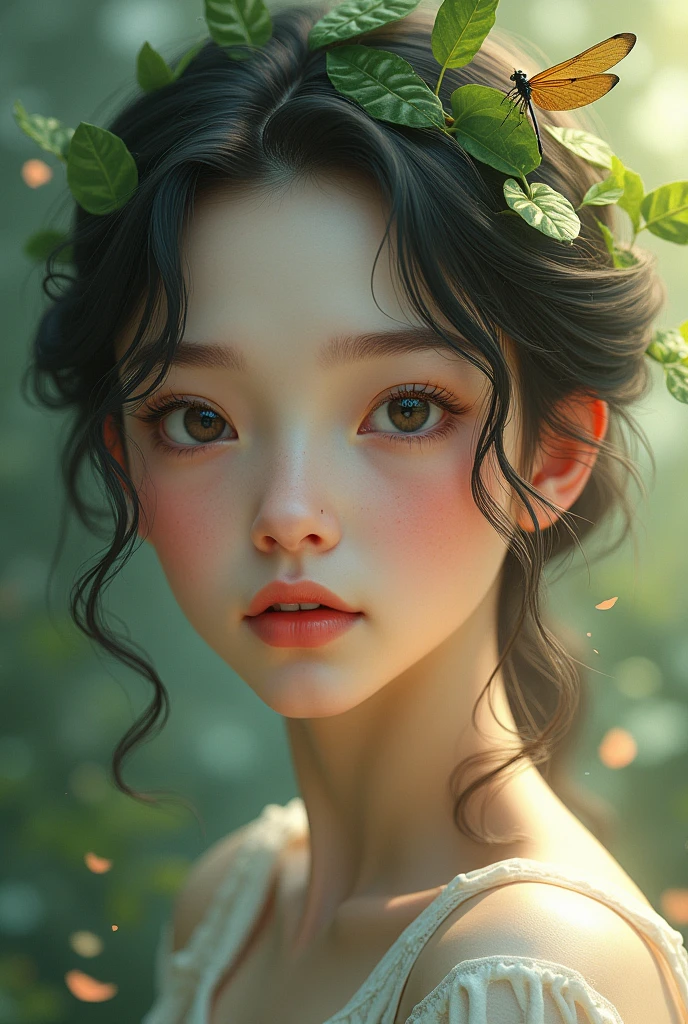 Girl front view of her face as leaves and vines going onto her face while a dragonfly sits on her nose