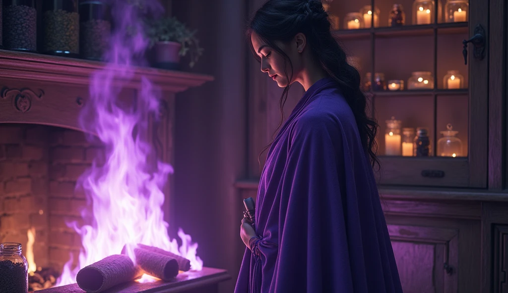 woman with violet priestess cloak, facing a fireplace in your home with violet fire, convey depth, in the background a cupboard with various aromatic herbs, Lavender