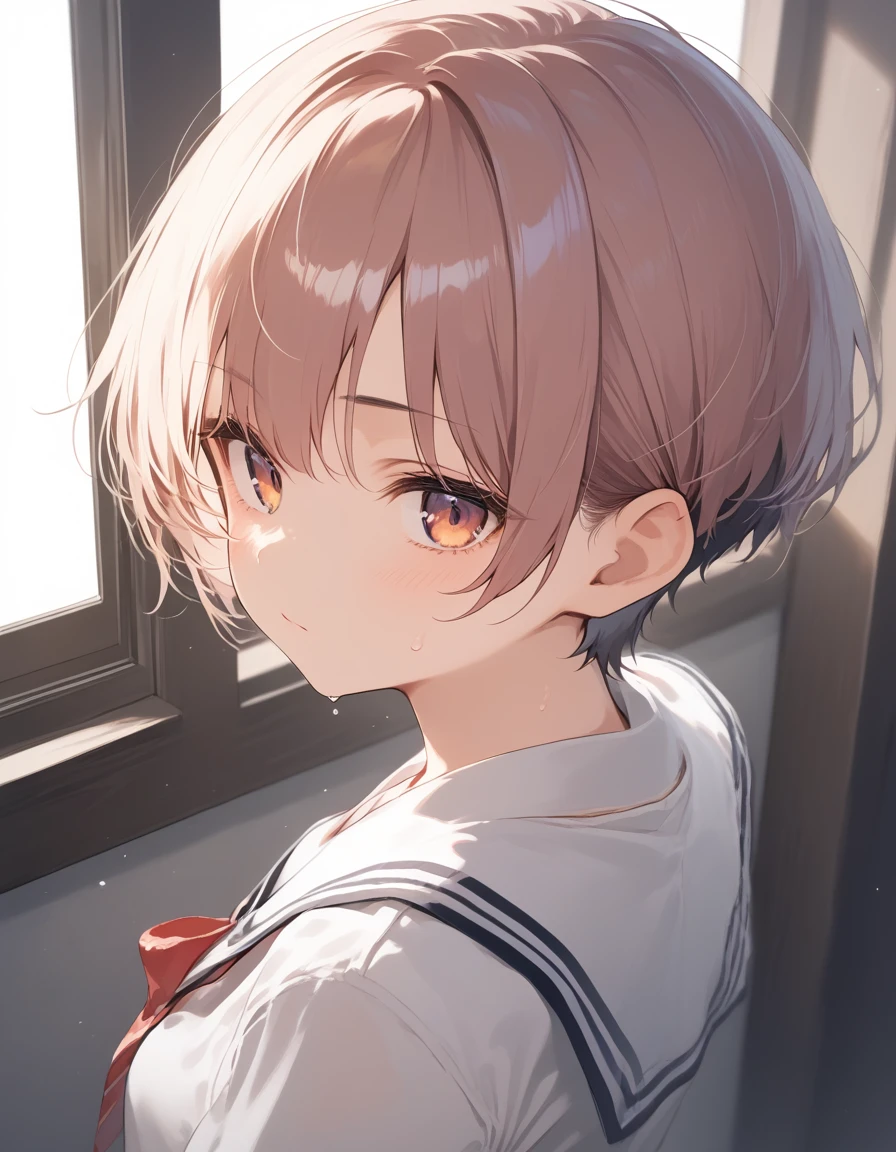 score_9, score_8_up, score_7_up, source_anime, best quality, masterpiece, official art, absurdres, highres, ultra-detailed,waifu2x,JAV Cover,break,1girl, tomboy, idol girl, school uniform, very short hair, pixie cut, small breasts, slender, beautiful detailed eyes, expressionless, sweat, sleepily, (disgust:0.3), sexual appeal, pov, indoors, break,(clear line illustration:1.2), super detailed skin, shiny skin, very high resolution, very aesthetic, Best sexual lighting powered by famous artist, 4k, 8k, 16k, cute picture, beauty illustration,photoshop_(medium),,(Detailed Lighting),best anime 8k konachan wallpaper, pixiv contest winner,
