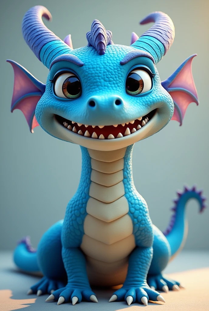 Large photorealistic cute smiling blue dragon