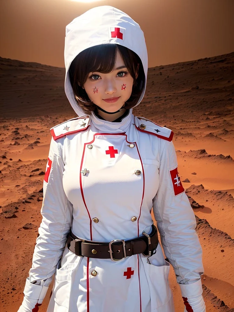 (white saint girl :1.5),(huge big  tits:1.5), ,(shiny light brown hair:1.3),(bangs:1.2),(white medic uniform with red big star:1.5),(beautiful shiny face skin:1.5),(short messy hair:1.3),(cute lip:1.3),(on mars flat :1.5),(smile:1.2)