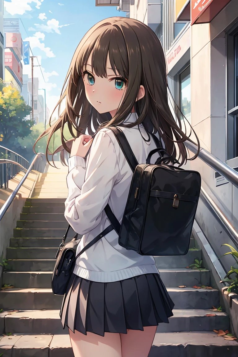 animese anime girl in skirt and blouse with suitcase walking up the stairs, 1girl, stairs, skirt, long hair, shibuya rin, looking at viewer, looking back, bag, solo, grey skirt, school uniform, pleated skirt, covering ass, from behind, blush, long sleeves, bangs, school bag