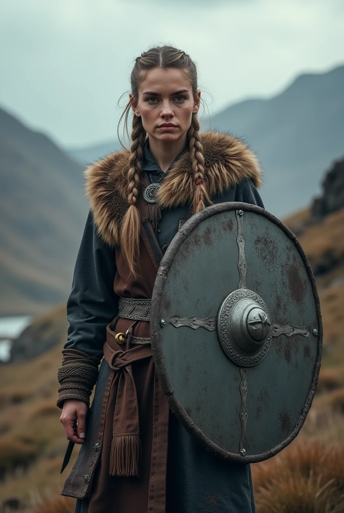 a portrait of a fierce Viking shieldmaiden, embodying bravery and resilience in a rugged landscape,