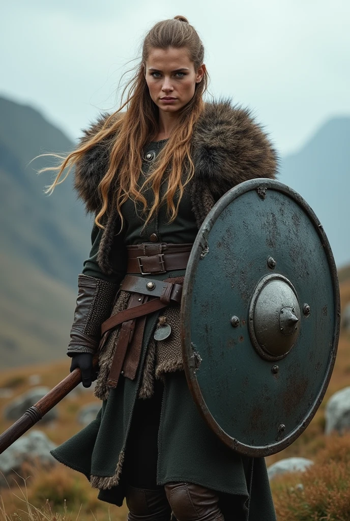 a portrait of a fierce Viking shieldmaiden, embodying bravery and resilience in a rugged landscape,