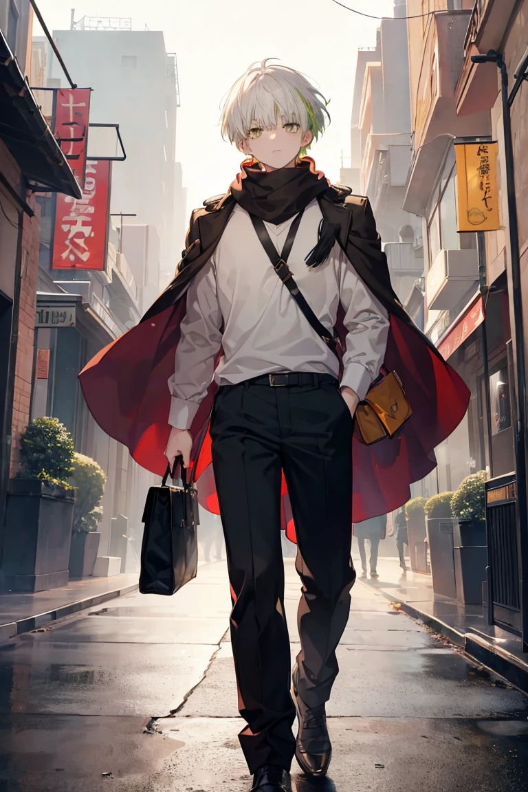 (Boy, heavy bangs, short, green hair, dark eyes, brown eyes, long white scarf, red long sleeves, black long pants) and(Boy with white hair, yellow eyes, white shirt, red pants, red shoulder bag)but