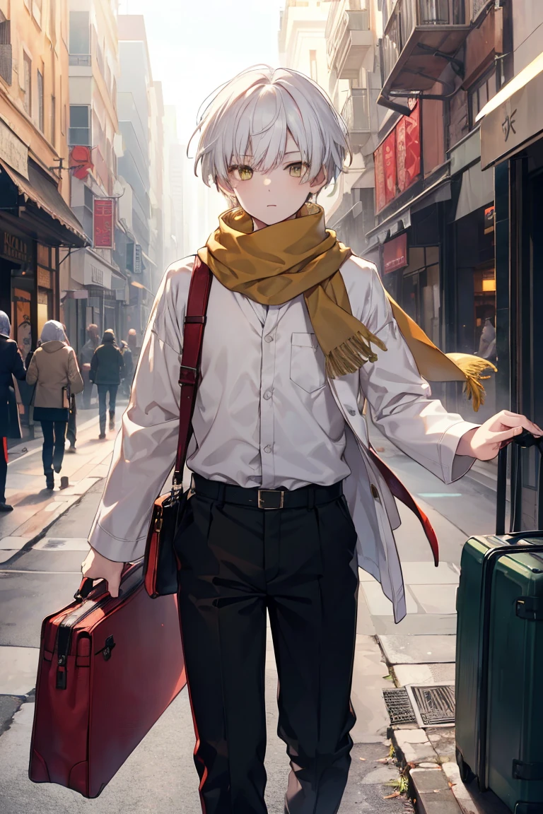 (Boy, heavy bangs, short, green hair, dark eyes, brown eyes, long white scarf, red long sleeves, black long pants) and(Boy with white hair, yellow eyes, white shirt, red pants, red shoulder bag)but