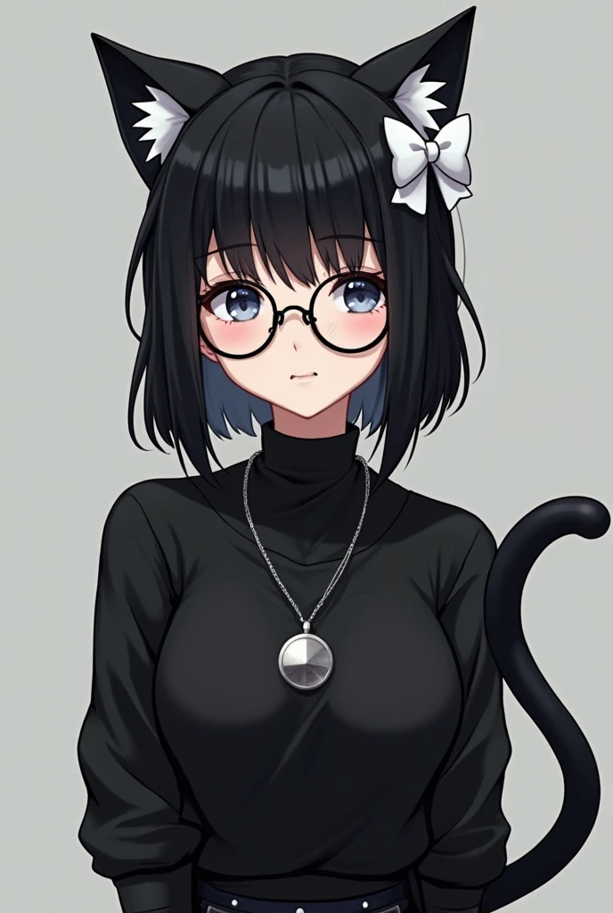 woman has black cat ears with white details inside and appears to have a black tail. He wears round-framed glasses and has black hair with bangs that cover his forehead.. She also has a white hair accessory that looks like a bow on the right side of her head.. His outfit includes a black long-sleeved, high-necked T-shirt., adorned with a silver pendant around the neck, which could be a bell or medallion. big tits full body black stockings and skirt