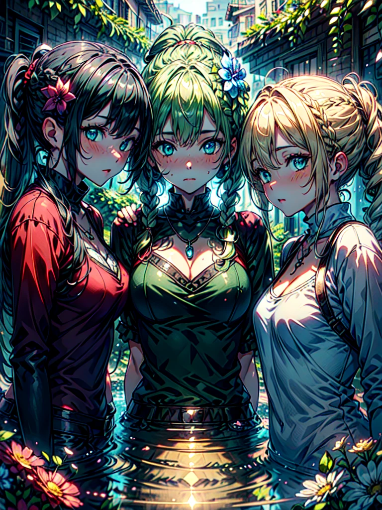 (((masterpiece))), (3girls:1.5), hyper detailed, highres, ((best quality)), (blush), (ponytail:1.1), (extremely detailed background:1.6), (upper body:1.4), very long blonde hair, (midshot,upper body), sparkling eyes, detailed eyes, (blue eyes | green eyes:1.2), hair ornament, streaked hair, (tongue out, tongue:0.8), (star-shaped pupils, heart-shaped pupils:0.6), necklace, (earrings:0.5), (ponytail | braids | plait | french braid | twin braids | side braid, side ponytail), lens flare, (bow, hair scrunchie, hair clip:0.7), bangs, eye reflection, ,AddXL, flowers, hair flower,