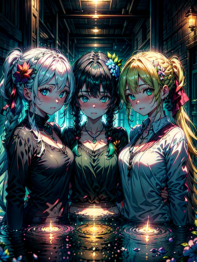 (((masterpiece))), (3girls:1.5), hyper detailed, highres, ((best quality)), (blush), (ponytail:1.1), (extremely detailed background:1.6), (upper body:1.4), very long blonde hair, (midshot,upper body), sparkling eyes, detailed eyes, (blue eyes | green eyes:1.2), hair ornament, streaked hair, (tongue out, tongue:0.8), (star-shaped pupils, heart-shaped pupils:0.6), necklace, (earrings:0.5), (ponytail | braids | plait | french braid | twin braids | side braid, side ponytail), lens flare, (bow, hair scrunchie, hair clip:0.7), bangs, eye reflection, ,AddXL, flowers, hair flower,
