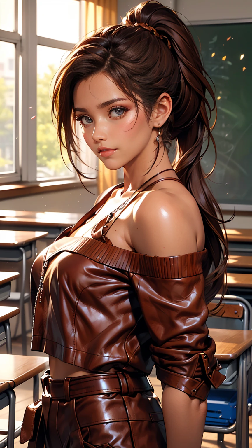 beautiful woman, Brown eyes, (brown skin:1.4), (afro-americana), sharp focus, , High detail, real hands, perfect lighting, photorealism, ((ultra quality)), ((masterpiece)), A woman, 30 years old, light brown eyes, Dark skin, full lips, Alone, looking at the viewer, Classroom background, blurred background, bokeh, depth of field, kkw-ph1, (masterpiece), (8K work), Digital art, Best Quality, (masterpiece, Best Quality, ultra detailed), High resolution, expressive, Perfect eyes, 1 woman, (pose sexy), eyes open to the viewer, looking at the viewer,*** ((teacher appleberry )), Dark brown hair, kindergarden teacher, ((Brown leather:1.5)), (dark brown eyes: 1.3), Long hair, ((braided ponytail over the shoulder)) , (side parted hair), a loose lock, ((yellow wide sweater: 1.1)),tejano bluejeans pants, ((depth of field)), ((high quality clear image)), ((High detail)), realistically, Professional photo session, ((clear focus))