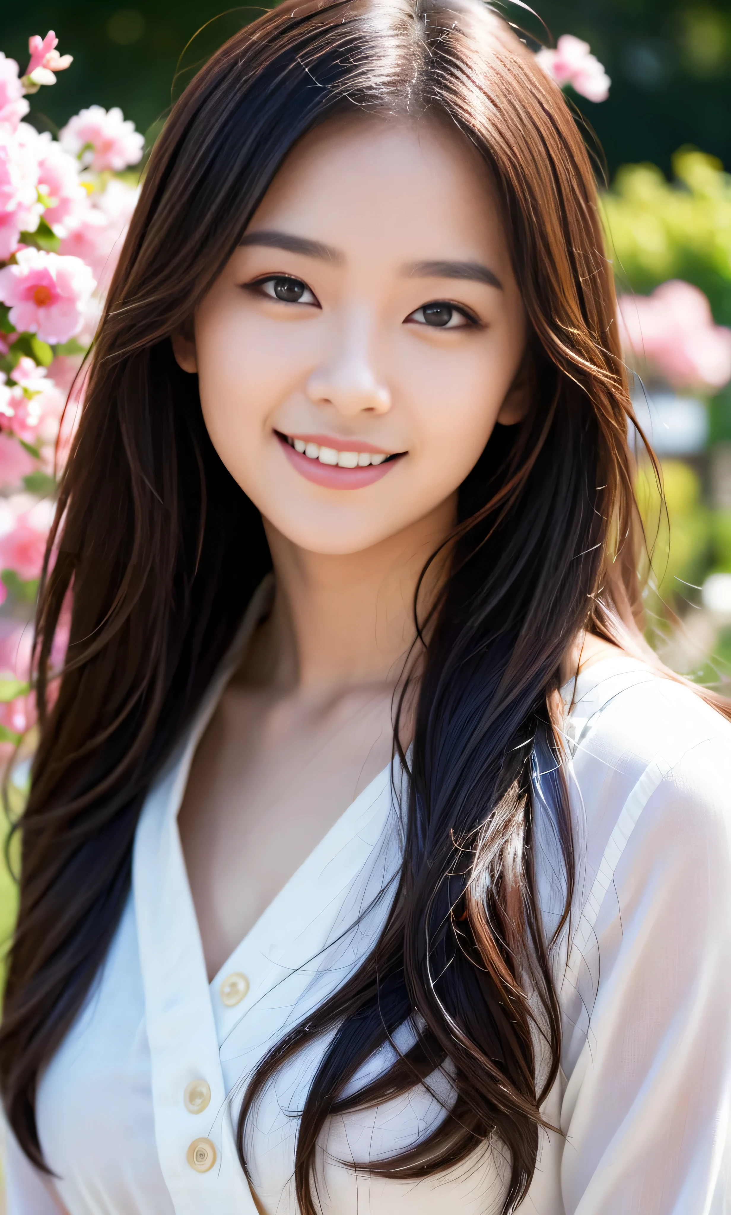 masterpiece,DSLR photo,analog style,nikon d5,real photo,a photo of a beautiful 20 year old woman,dramatic lighting (85mm),with Blooming garden in the background,(detailed facial features),(detailed shiny eyes),dynamic angle,Michelangelo style,long hair,白いレースのキャミソール,smiling face:1.4,