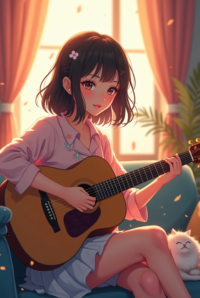 With her boyfriend who plays and sings、She is listening to it happily with her cat nearby, and I made her look like a 20-year-old anime girl.