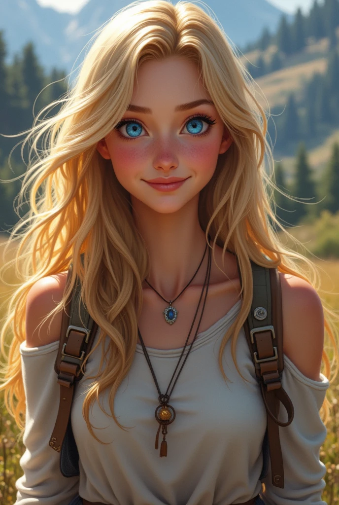 1girl in, 24years old, Solo, Long hair, Colossal , view the viewer, blond hairbl, Bare shoulders, Blue eyes, jewely, full bodyesbian, a necklace, cropped shoulders, Sweaters, Realistic, happy grin and is hiking