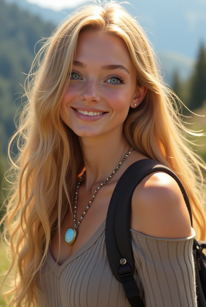 1girl in, 24years old, Solo, Long hair, Colossal , view the viewer, blond hairbl, Bare shoulders, Blue eyes, jewely, full bodyesbian, a necklace, cropped shoulders, Sweaters, Realistic, happy grin and is hiking