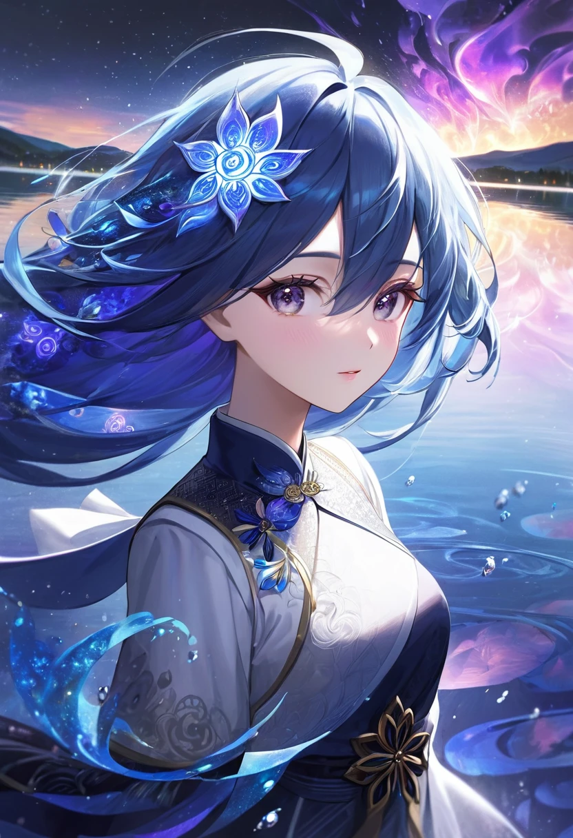 Masterpiece, high resolution, fractal art, a close-up of a beautiful girl with long, indigo-colored mixed white and blue hair standing on a lake with aurora, 1 person, fantasy art, fantastic background, Korean-style eye makeup, mature, shining dress