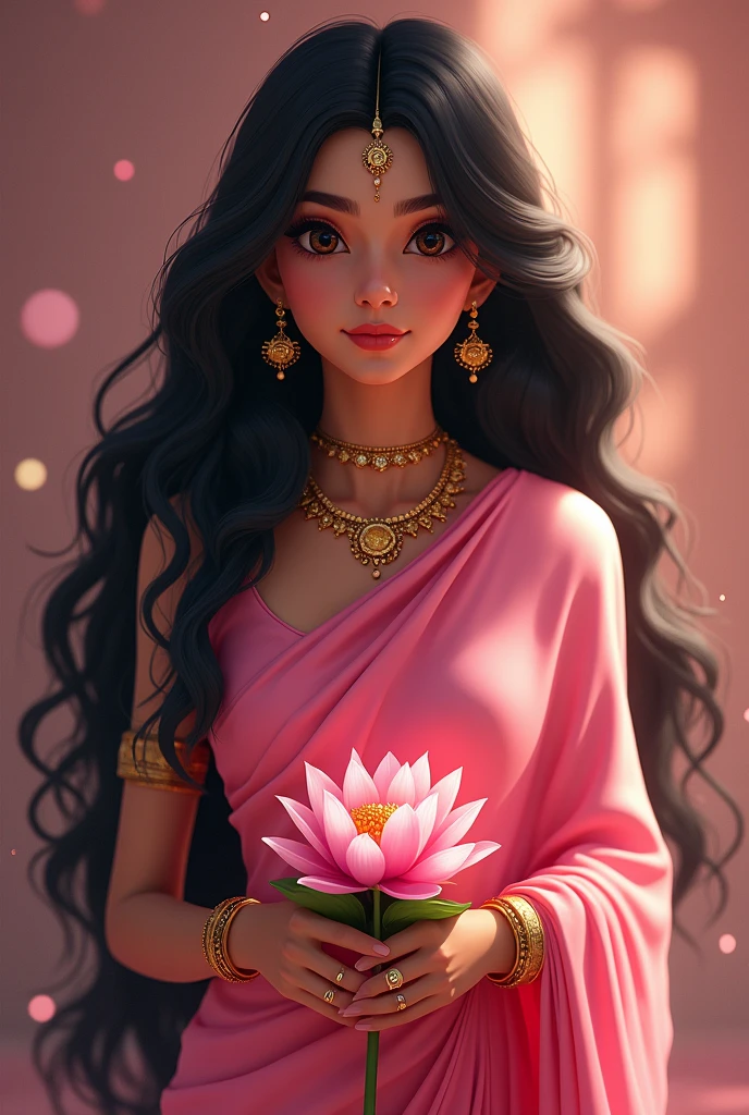 (absurderes, A high resolution, Ultra detailed, hdr), Masterpiece, Best quality, Portrait of an Indian 
Goddess Lakshmi, extreme realistic very beautiful, animated style, closeup shot, anime in a(((pink))) indian dress (((saree))), long black wavy hair untied, head jewellery, necklace, earings, armlets, bangles and bracelets, rings, pleasant expression, bright big black eyes, holding a lotus flower, natural beauty, vibrant colors, dreamy, northern light, pink bubble, romantic, soft lighting, vintage aesthetic