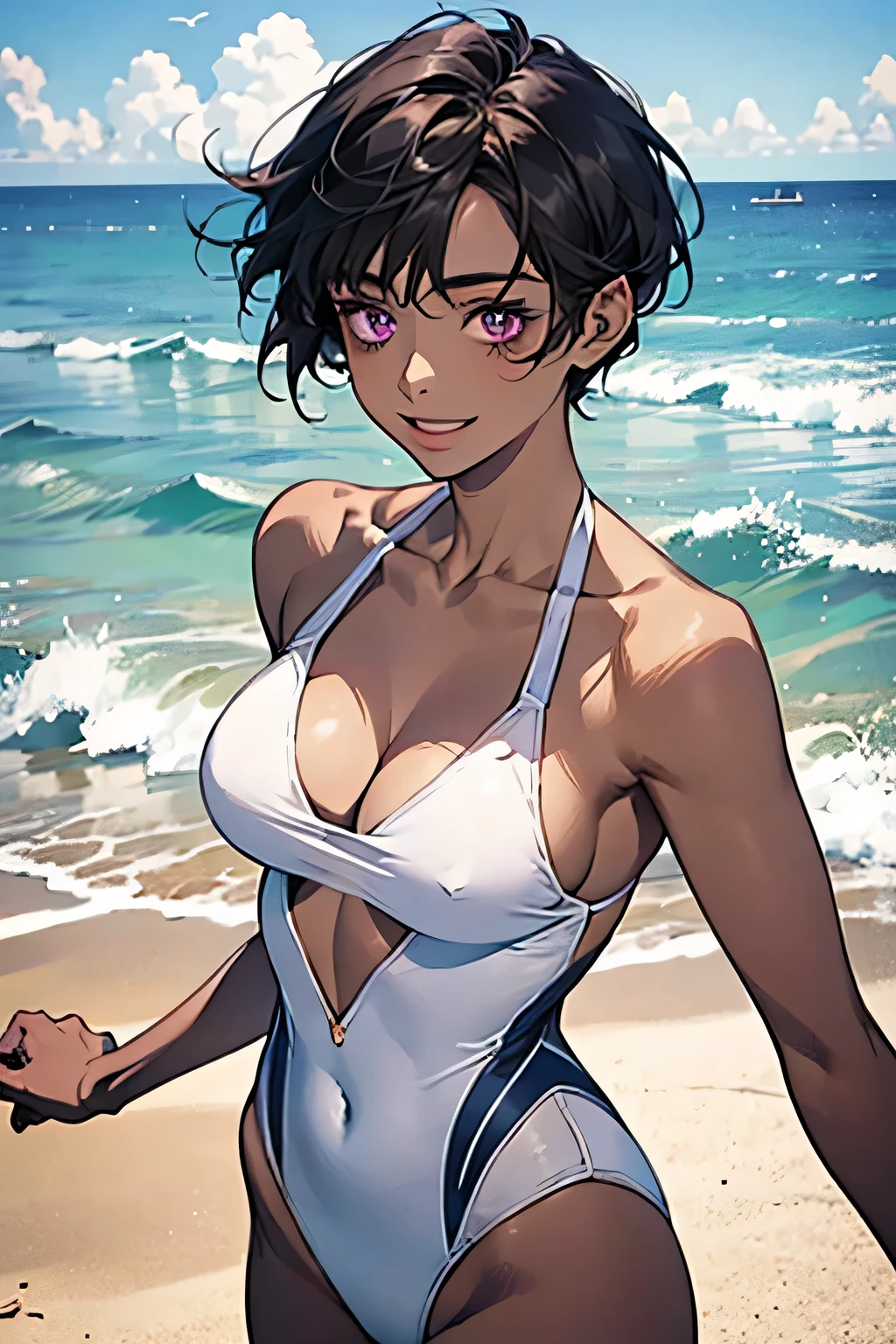 Ocean,Young Woman,Bold composition,Are standing,Small Head,The best smile,short hair,Black Hair,Purple Eyes,Large Breasts,Cleavage,(White swimsuit),(Chocolate brown skin).