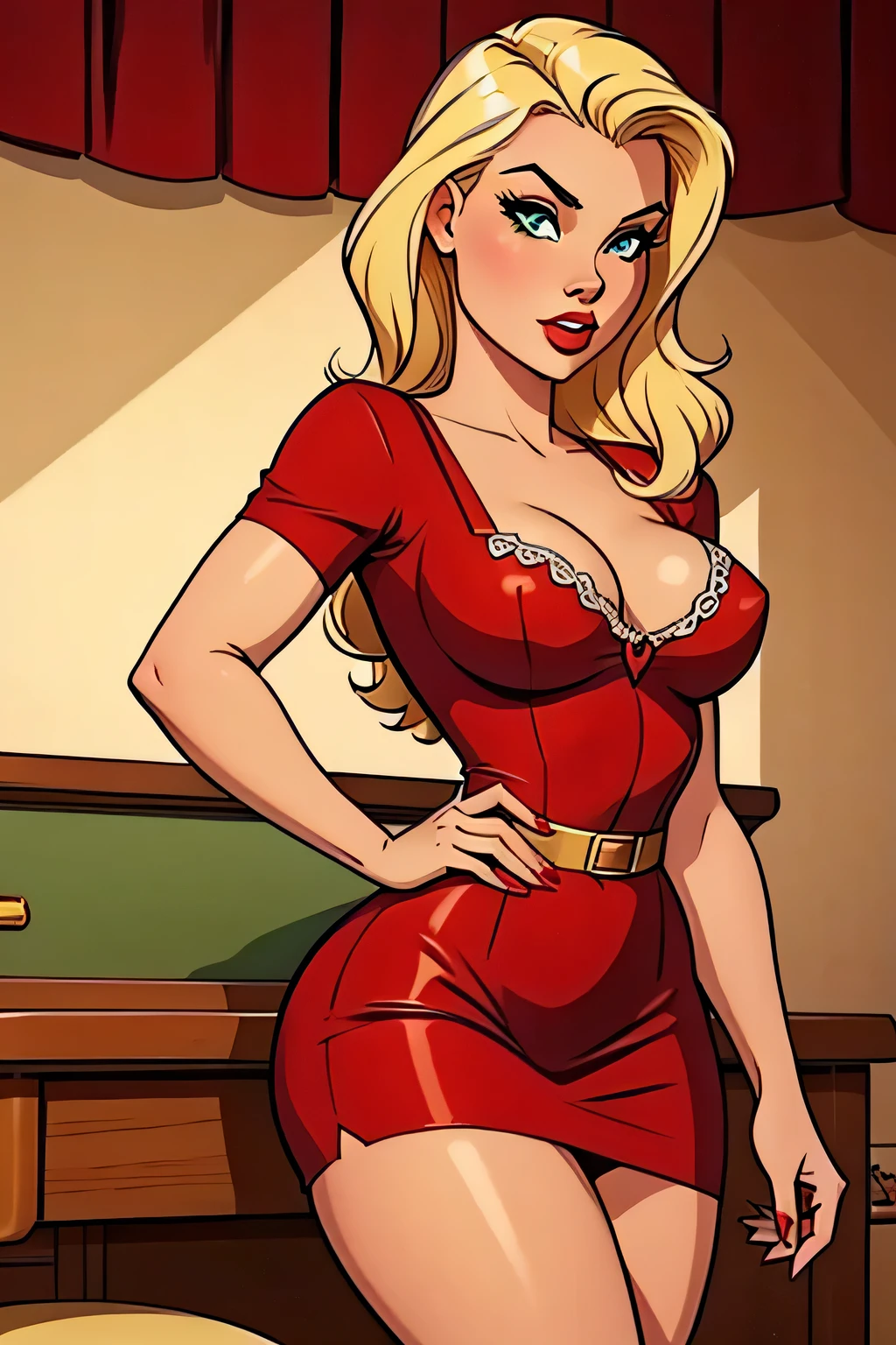 beautiful woman, red short dress, long blonde hair, medium , greeneyes, pin-up vintage