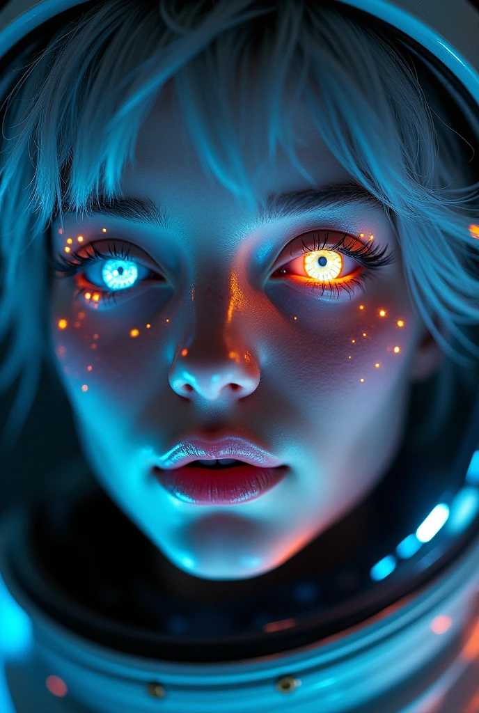 (Close-up of a better masterpiece:1.5)0.9], (Space and astronauts:1.2) (Messy silver hair:1.1) (Heterochromia xanthochromia and blue eyes:1.2) (Space Helmet:1.0) (Colored stars in the eyes:1.0) (A radiant glow:1.1) (thick lips:0.9)