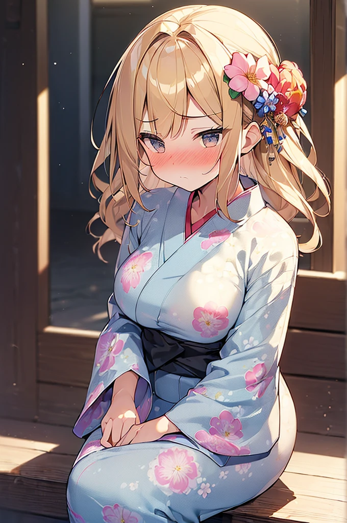 (Masterpiece, Top quality:1.5), (from front:1.2), 1 beautiful girl, solo, sitting, Blonde, medium Hair, wavy Hair, asymmetry bangs, swept bangs, airy hair, large breasts:1.4, 16 year old, (flower printed yukata :1.3), (angry:1.2), (nose blush:1.3), beautiful scene of narrow Alley, blurry background, magnificent panorama view, blurry background