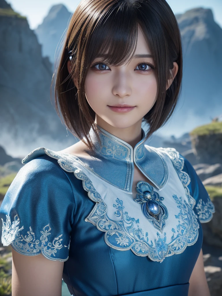 head shot,beautiful detailed eyes, droppy eyes,beautiful detailed lips, extremely detailed eyes and face, long eyelashes, 1japanese girl, fantasy character, (Final Fantasy, yuuna:1.25),smile,short hair,elegant white dress,break, blue long skirt,break,magical girl, highly detailed, fantasy landscape, dramatic lighting, glowing effects, mist, intricate details, volumetric lighting, cinematic composition, hyper realistic, 8k, best quality, masterpiece, photorealistic,Highres fix