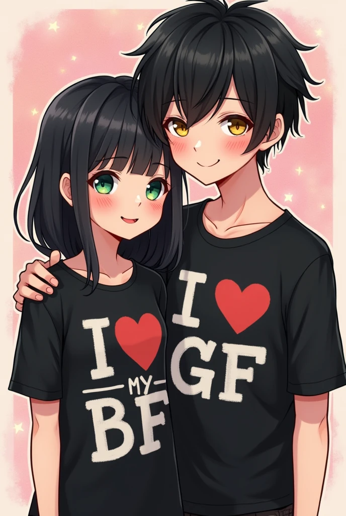 Couple cute girl should have black hair and green eyes, girl wearing black shirt that says I heart my bf, boy emo blushing with a black shirt that reads I heart my gf, cute couple daily cartoon style, boy with black hair and yellow cold eyes, master piece, nice shading, detailed back ground