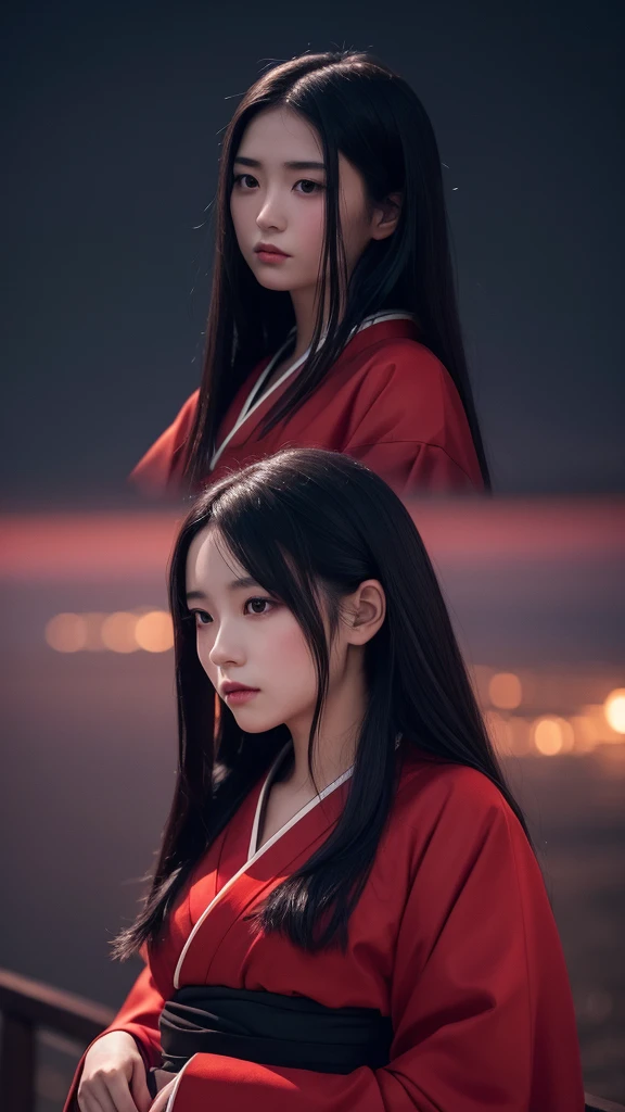 Delicate and dainty young woman with shiny long black hair . She is wearing symple japanese red kimono. The background is a fantastic and ethereal night sky that seems to be haunted by a specter. Her expression is stern and atmospheric.