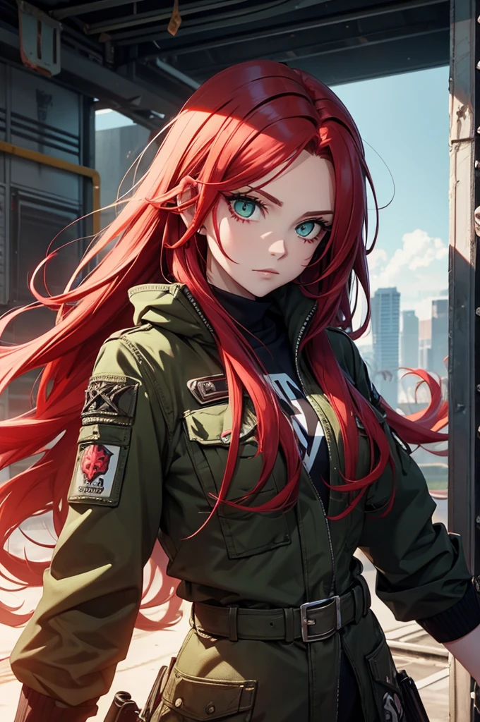Woman punk long red hair green eyes apocalypse