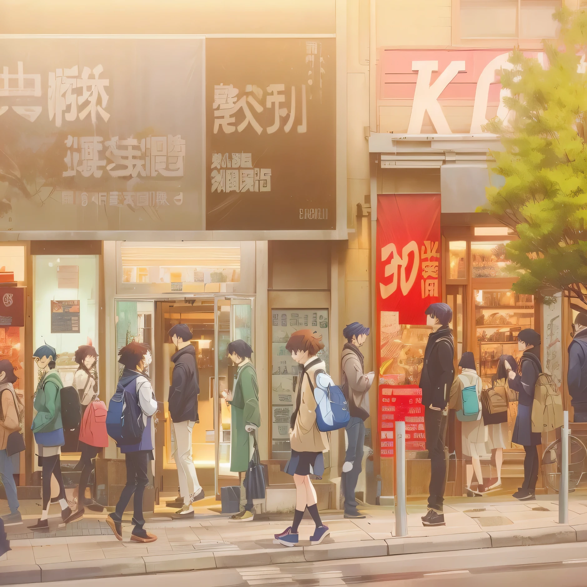 People walking on a sidewalk in front of a store with a sign., Tokyo anime scene, anime movie screenshot, style of Makoto Shinkai, in style of Makoto Shinkai, anime movie still, Today&#39;s featured anime still., ( ( Makoto Shinkai ) ), in the anime movie, Scene from the anime movie, anime life anime people all normal