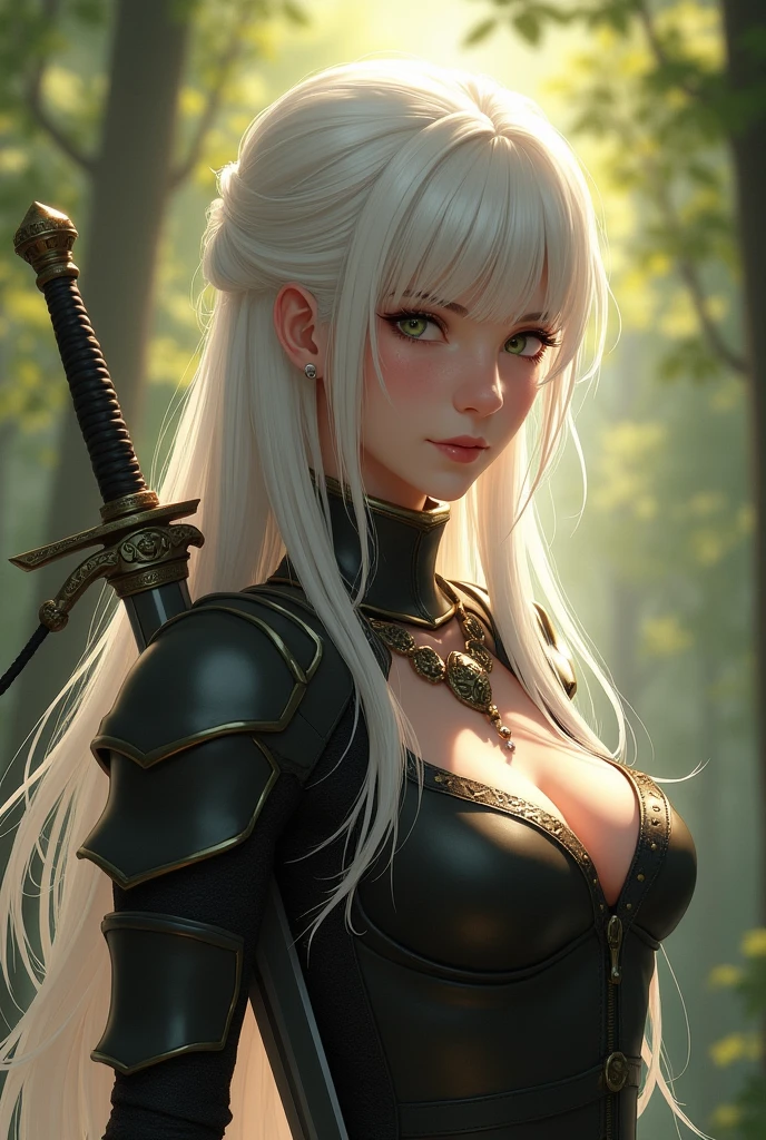 1girl, beautiful, white hair, long hair, bangs, fair skin, big breasts, leather armor, sword, forest, dappled sunlight, upper body, looking at viewer, movie shooting
