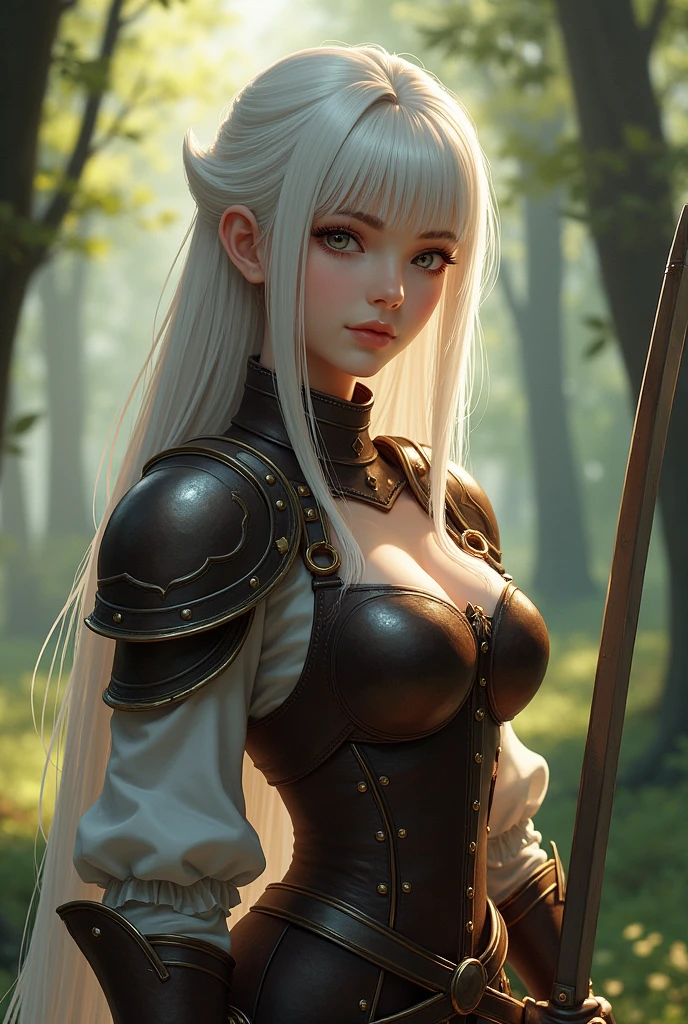 1girl, beautiful, white hair, long hair, bangs, fair skin, big breasts, leather armor, sword, forest, dappled sunlight, upper body, looking at viewer, movie shooting