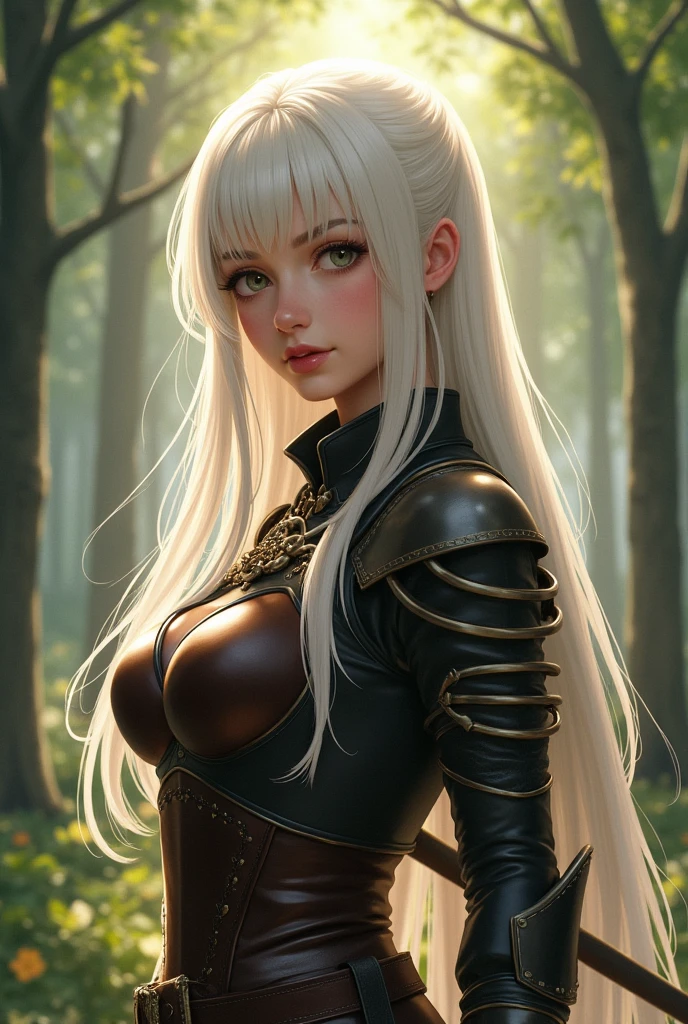 1girl, beautiful, white hair, long hair, bangs, fair skin, big breasts, leather armor, sword, forest, dappled sunlight, upper body, looking at viewer, movie shooting