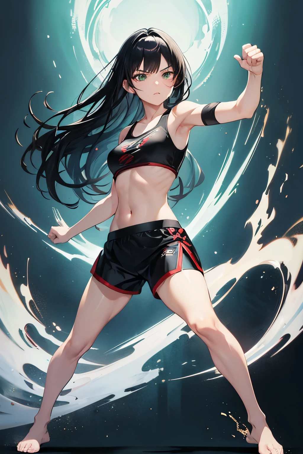 Black haired green eyed anime girl with no chest kicking, fighting pose, fighting pose, female fighter pose, fighting stance, anime pose, high kick, heroic kick pose, full body!! dynamic action pose, badass pose, posing for an intricate fight, martial art pose, mma southpaw stance, full body!! dynamic pose, boxing stance, combat pose, perfect dynamic pose