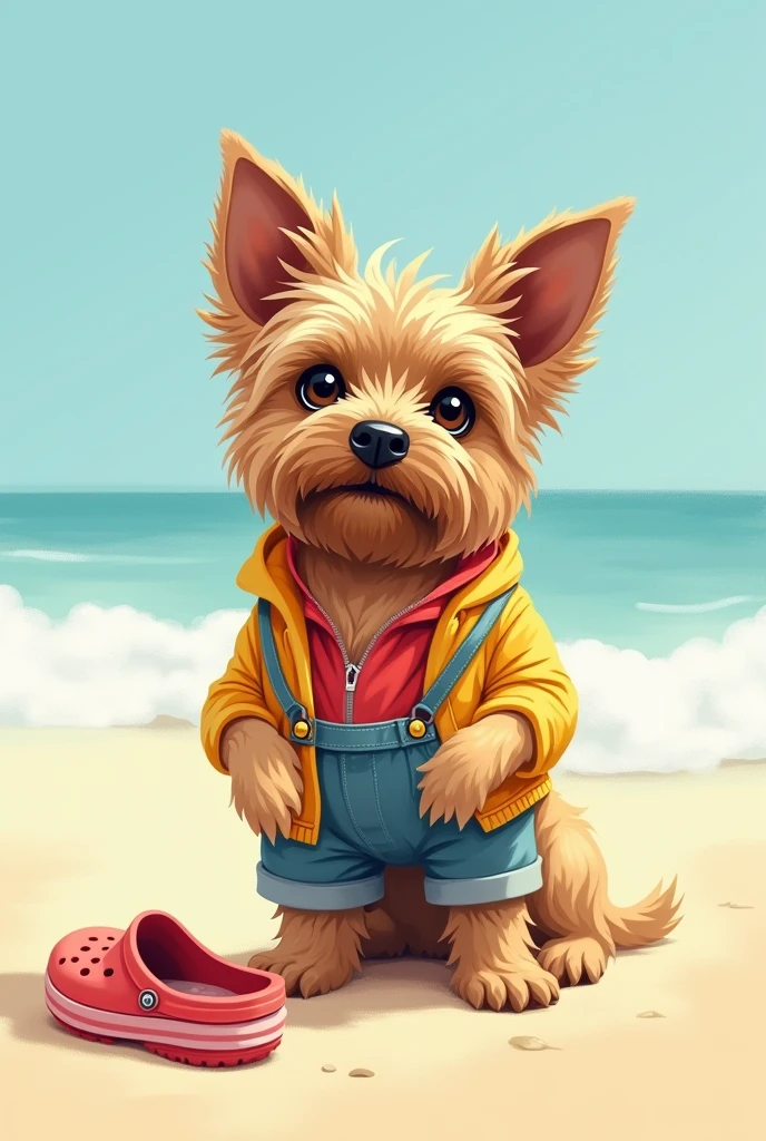 a cute yorkshire terrier, Wearing casual beach wear , crocs, Sad expression, Cute digital illustration art, masterpiece, best quality, Abstractionism