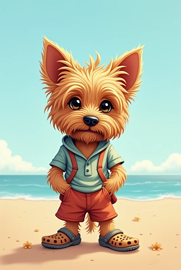 a cute yorkshire terrier, Wearing casual beach wear , crocs, Sad expression, Cute digital illustration art, masterpiece, best quality, Abstractionism