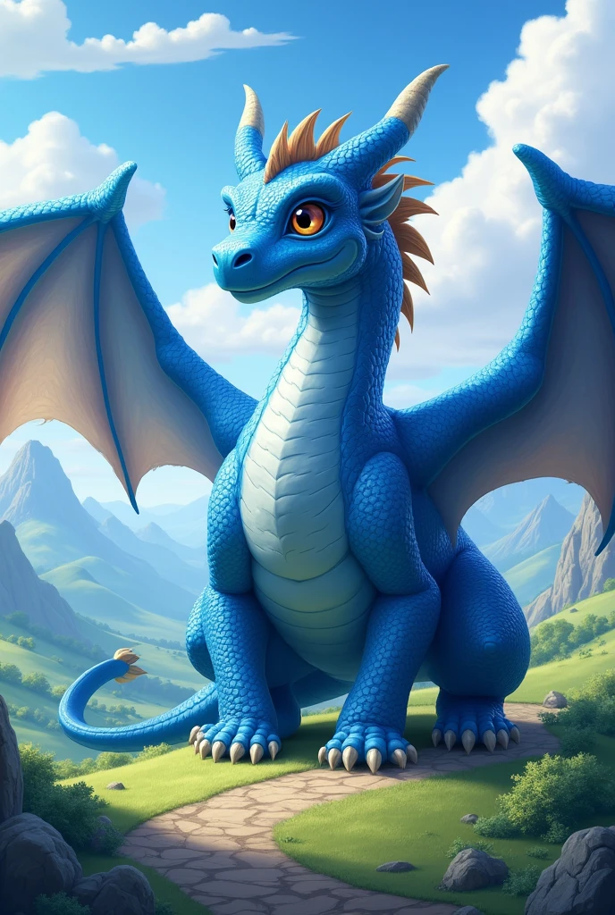 Large photorealistic cute blue dragon