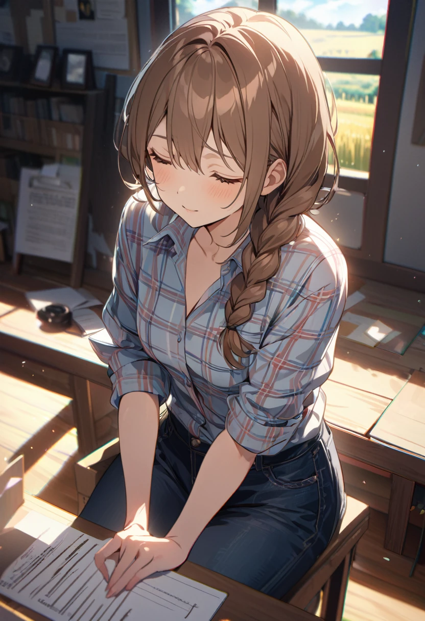 work of art, アニメ, A peaceful and beautiful garden overlooking wheat fields, giorno, ray tracing, detailded reflections, Complex, attention to the details, Dramatic, 最高品質のwork of art, detailded, 8k, high resolution, ((robust female:1.3))、(Flannel shirt and jeans), sleepy face、Sleeping comfortably on the table、mugshot、chestnut hair、Braid、breasts big、blossom, Light shines, Chromatic aberration, sharp focus、detaildedな人物、detaildedな顔、detaildedな髪と肌、high resolution、