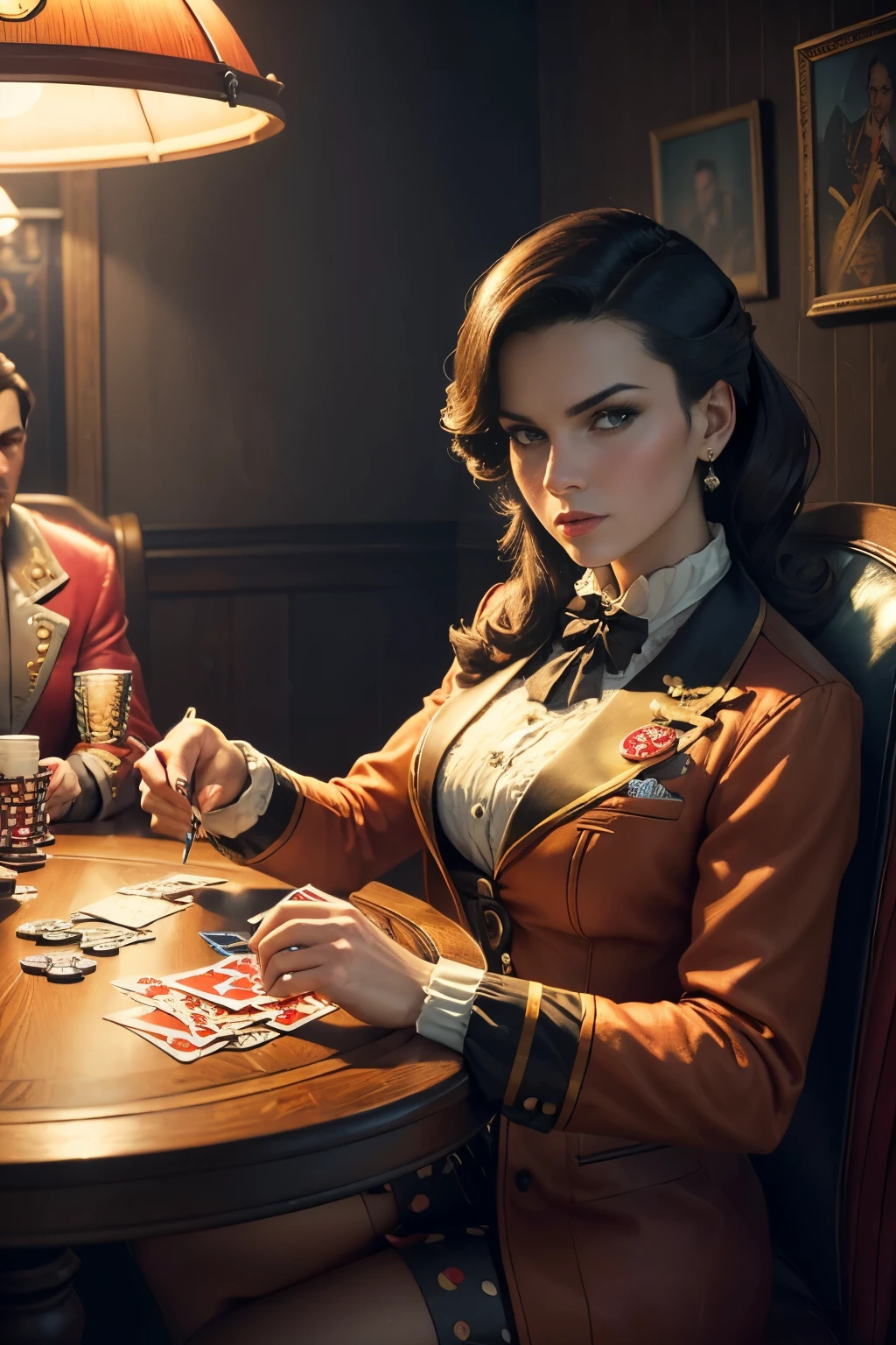 Retro poker game, (best quality, high resolution, HDR, Practical), Bright colors, Extremely detailed description, (Concept Artist), Retro Playing Cards, Antique wooden table, Vintage poker chips, Card Combination, The players are dressed in stylish retro outfits, Smoky room, Dim Lights, Intense expression, (portrait:1.1) Player&#39;s face, Holding cards, (Practical shadows), (Bokeh) Impact on background, Tensions, (professional), (Clear focus).