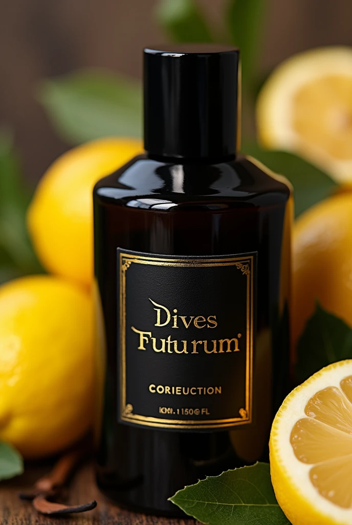 Create me a from a perfume. In the background there must be a lemon, Vetiver, Sandalwood and vanilla. The scent is very fresh. The image conveys wealth. The perfume should ONLY have the inscription Dives Futurum without any further inscription, with a black bottle